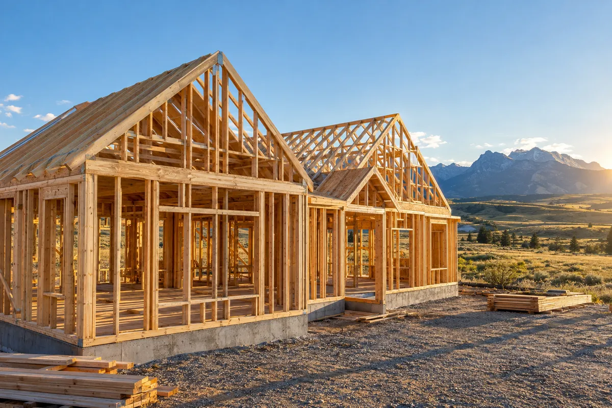 New timber framing and roof trusses on a custom home with mountains in the distance