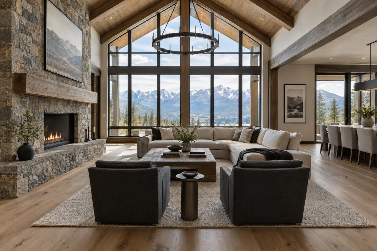 A finished great room with exposed timber beams, a stone fireplace and floor-to-ceiling mountain-view windows
