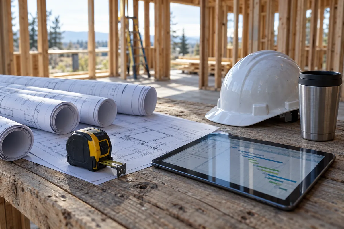 Blueprints, a tape measure, a tablet schedule and a hard hat on a jobsite table